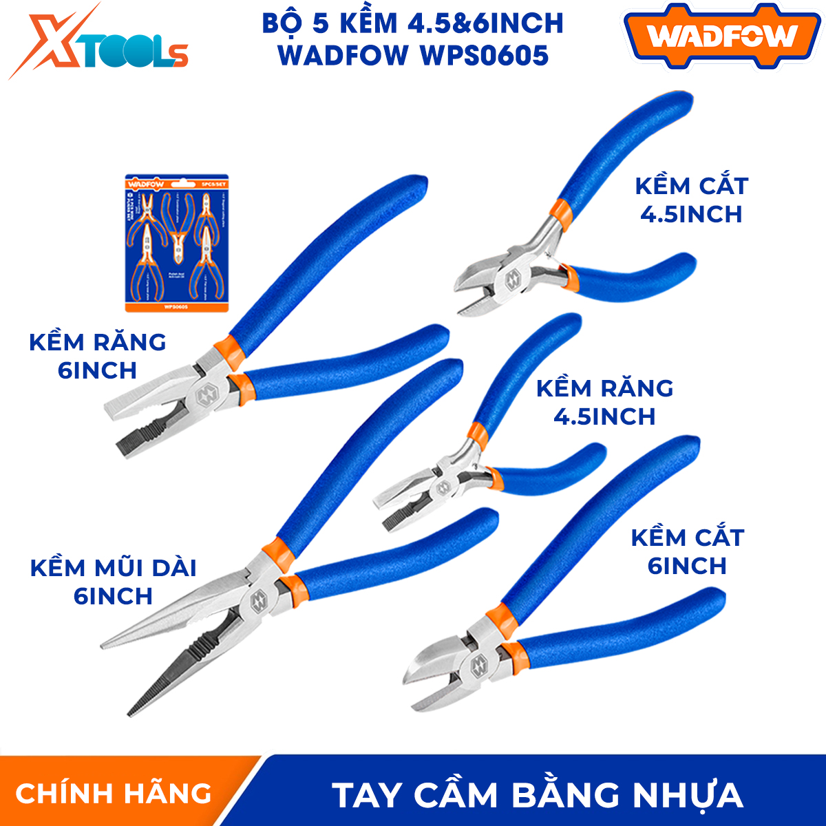 Bộ 5 kềm kết hợp WADFOW WPS0605 kích thước 4.5-6", được phủ lớp dầu bóng chống gỉ, tay cầm bằng nhựa