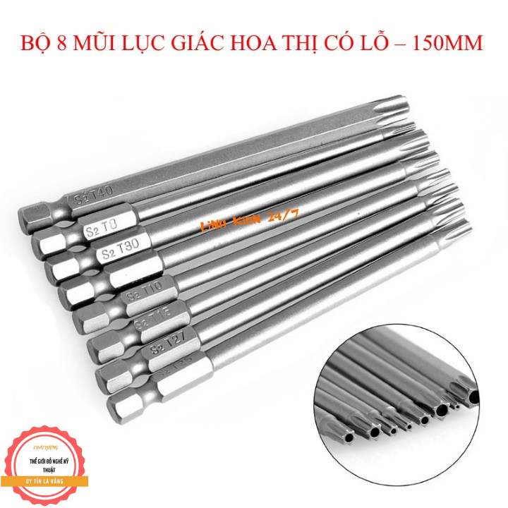 Bộ 8 mũi hoa thị có lỗ dài 150mm T8 , T10, T15, T20, T25, T27 , T30 , T40 . chân lục giác 6.35mm ( thép cứng s2 vặn không lo toét đầu )