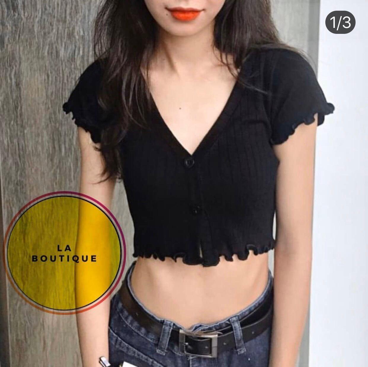 Áo croptop cổ V 2 nút chuẩn form cực xinh