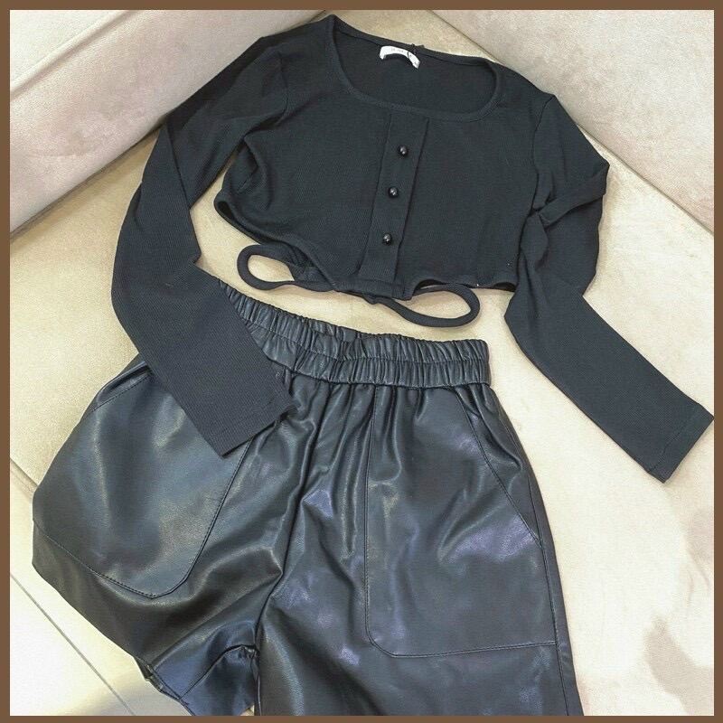 Áo Croptop Gân Tay Dài Khoét Eo Dây