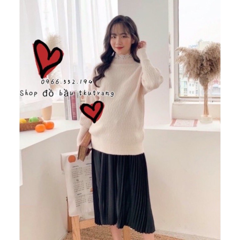 Chân Váy Bầu Midi Xếp Ly Lụa Gân