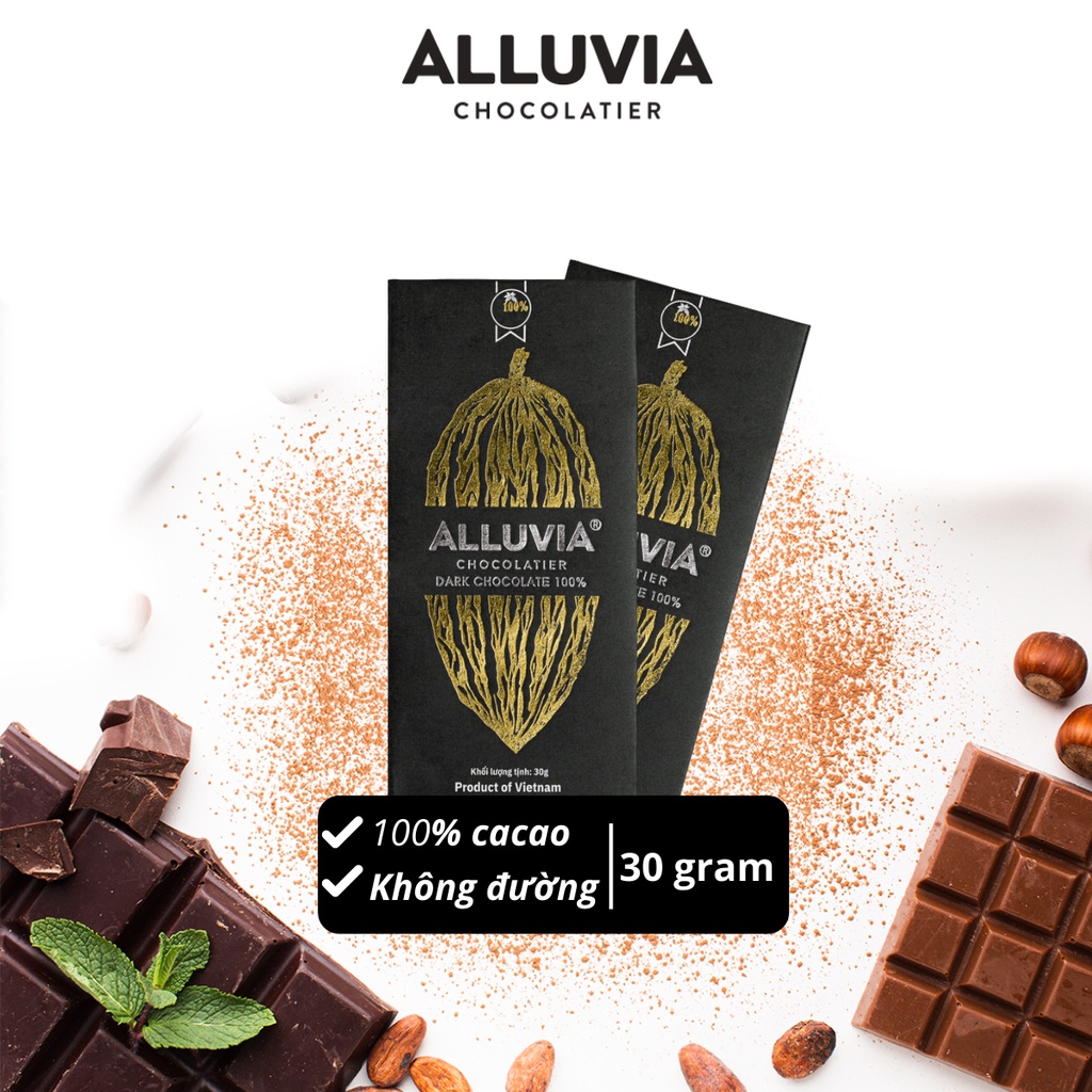 Socola đen nguyên chất không đường đắng đậm 100% ca cao Alluvia Chocolate
