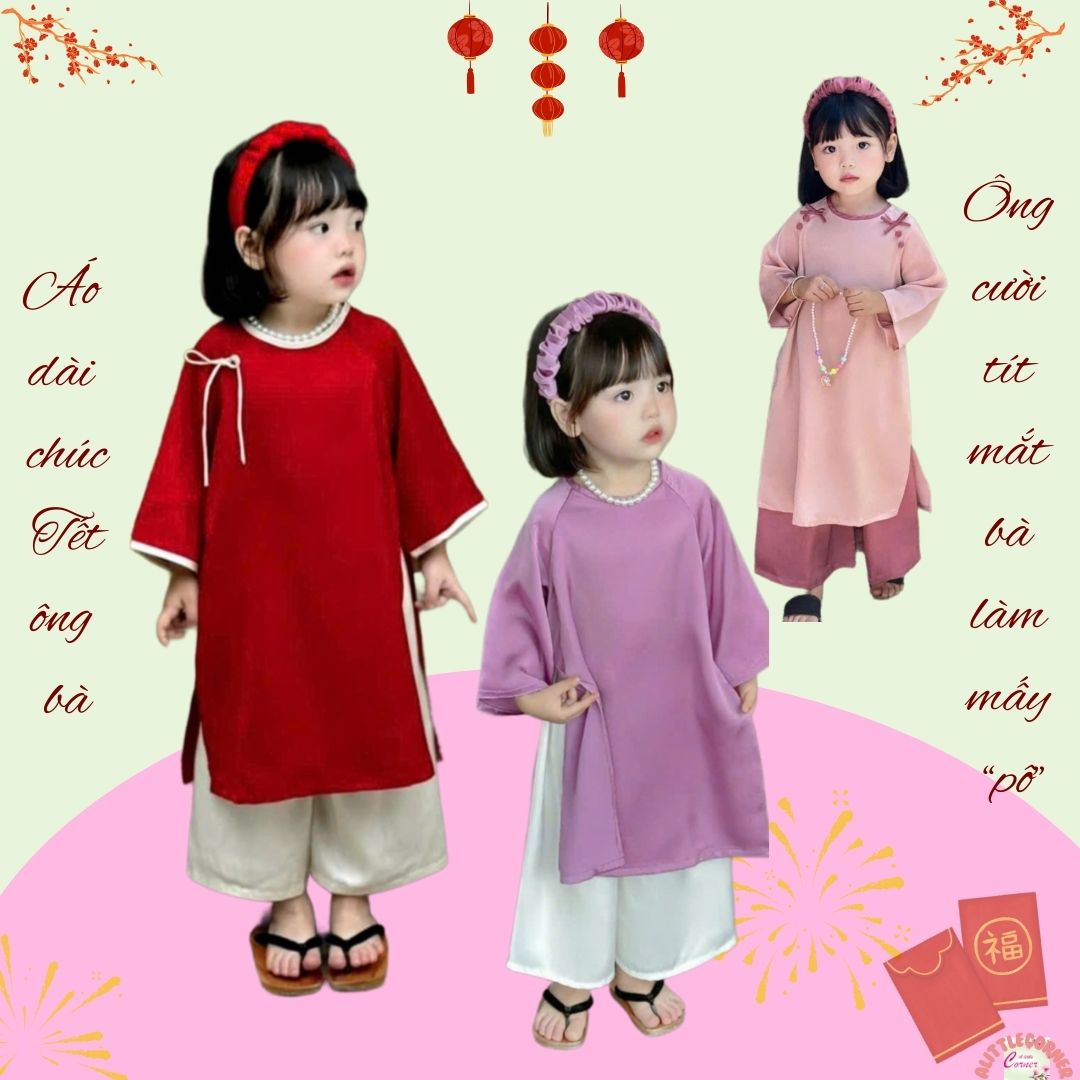 Set áo dài lụa tím, hồng và đỏ mềm mại cho bé gái kèm quần, cài mấn và vòng cổ hạt chuỗi siêu xinh size 100-150 bé dưới 25kg dưới 7 tuổi (lưu ý bảng size kích thước số đo đính kèm)