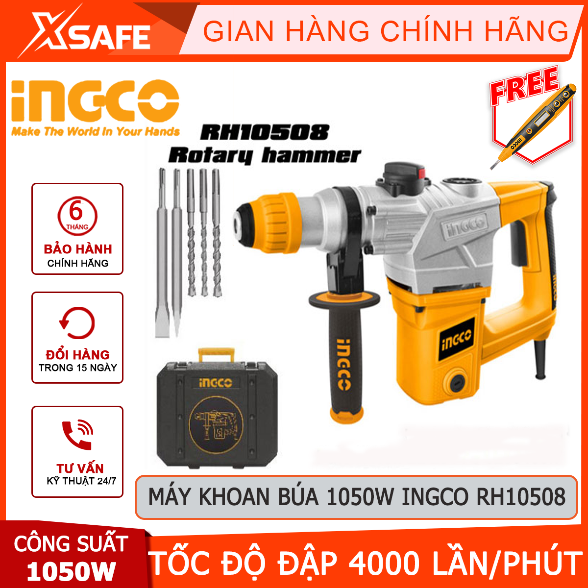 Hammer drill machine 1050W ingco RH10508 | machine drill chisel 3 function 1050W, no-load speed 0 - 900 rpm/min, force beating 5J, drill chisel breaking wall, concrete, hard material