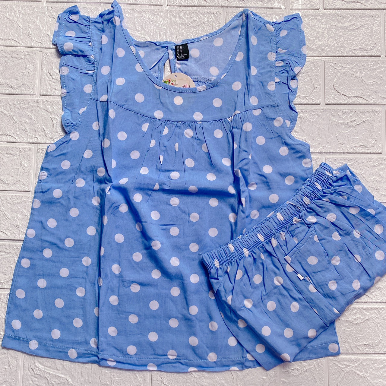 Đồ bộ lanh (tole) mặc nhà, quần lửng tay cánh tiên,họa tiết chấm bi [CÓ SIZE]   - TL01