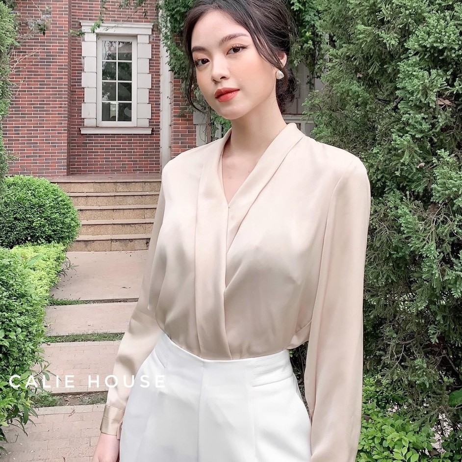 Áo sơ mi lụa cổ v nẹp dài tay - áo sơ mi công sở 0032