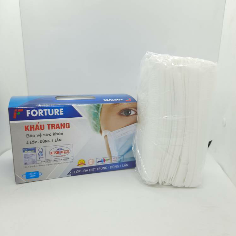 Khẩu trang y tế 4 lớp hộp 50 cái màu trắng FORTURE, Khẩu trang vải không dệt ngăn Virut khói bụi, Dùng 1 lần