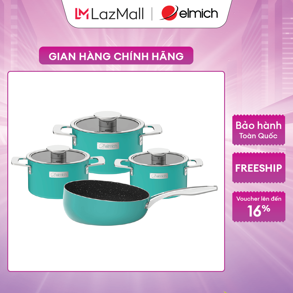 Bộ nồi inox liền khối elmich hera el-8138 size 16,18,22 chảo full induction 26cm