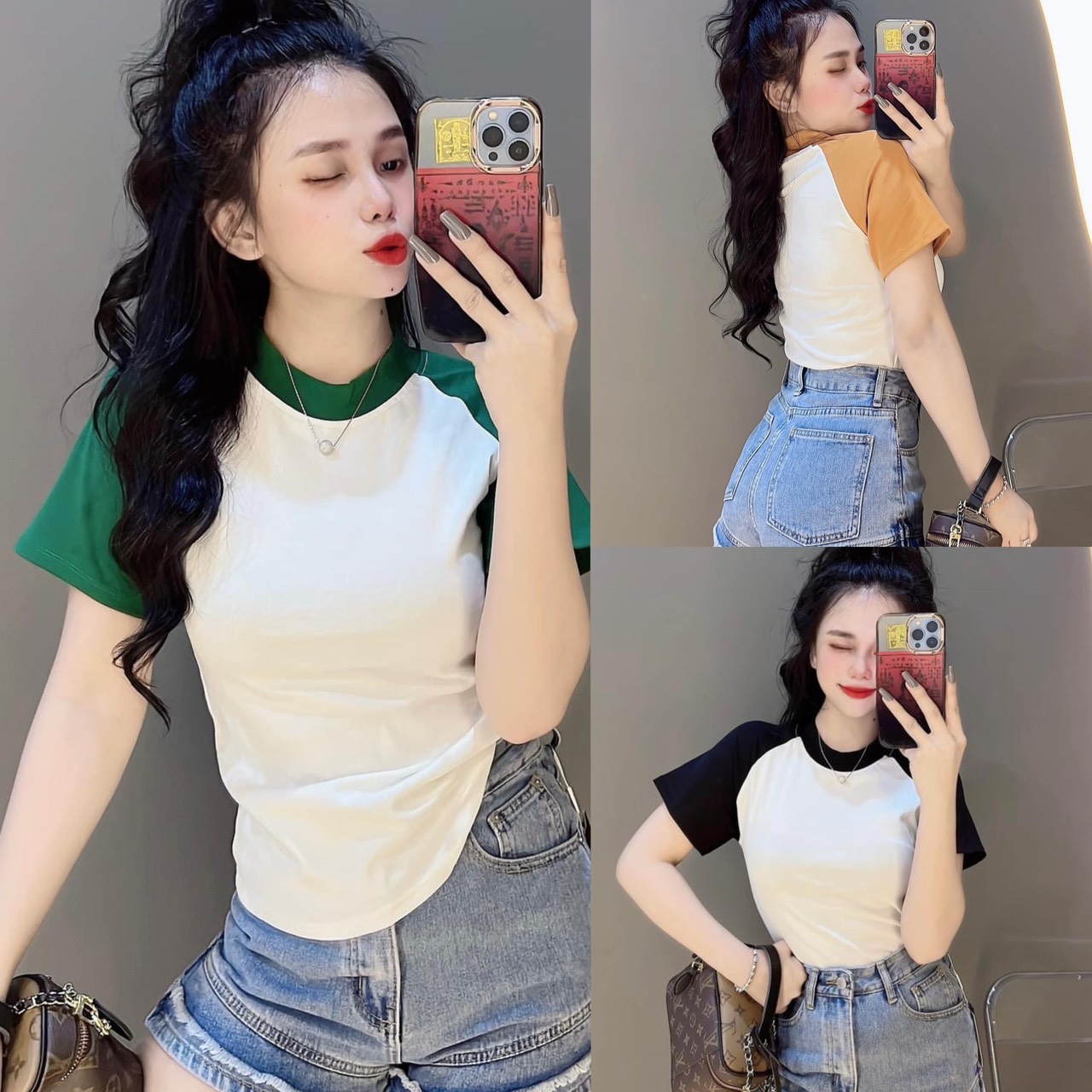 Áo thun nữ dáng ôm phối tay phom dài ( Mã Raglan dưới 55kg )