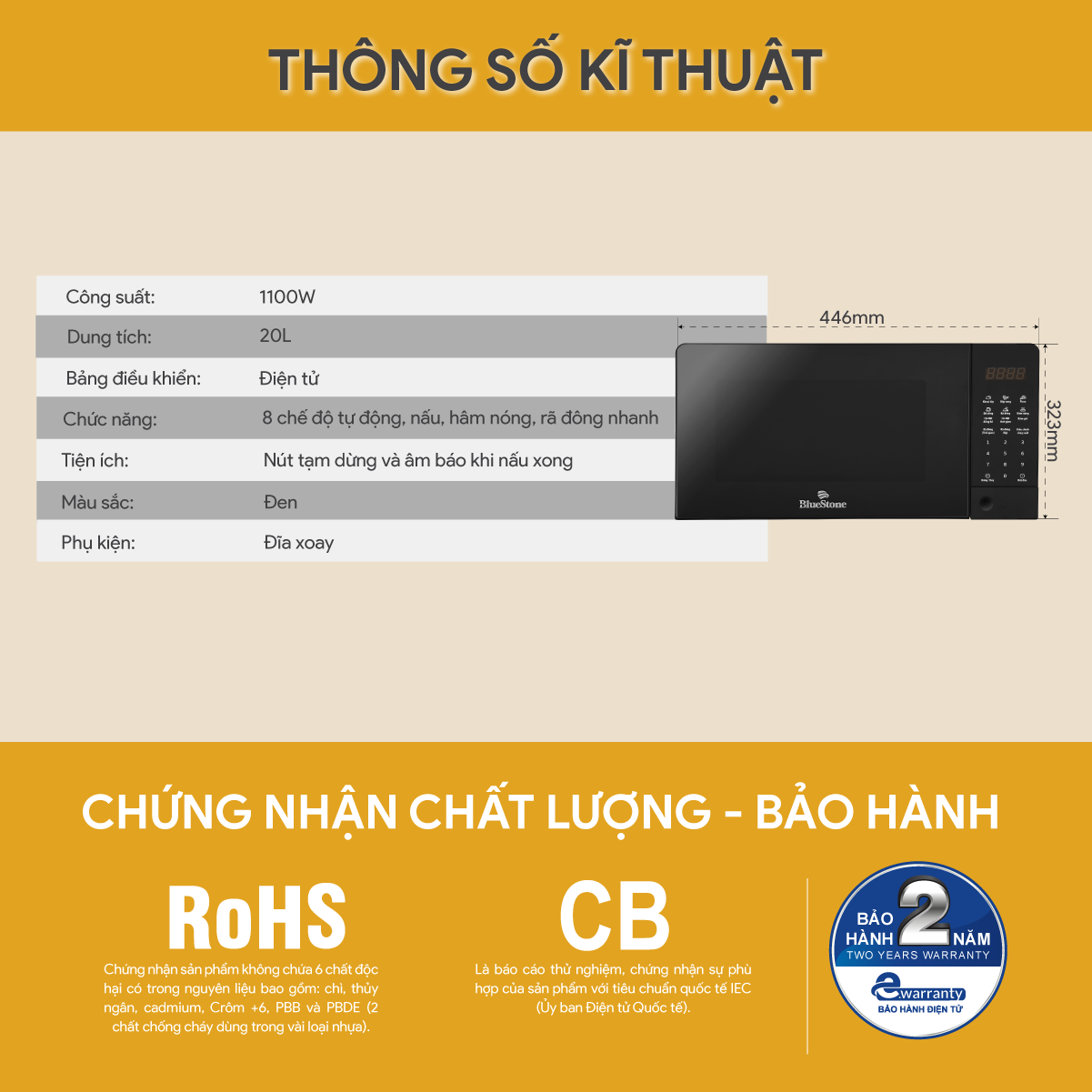 Lò Vi Sóng Điện Tử BlueStone MOB-7815 - Dung tích 20L - Công suất 1100W - Bảng điều khiển điện tử-  8 chế độ nấu - Bảo hành 2 năm - Hàng chính hãng