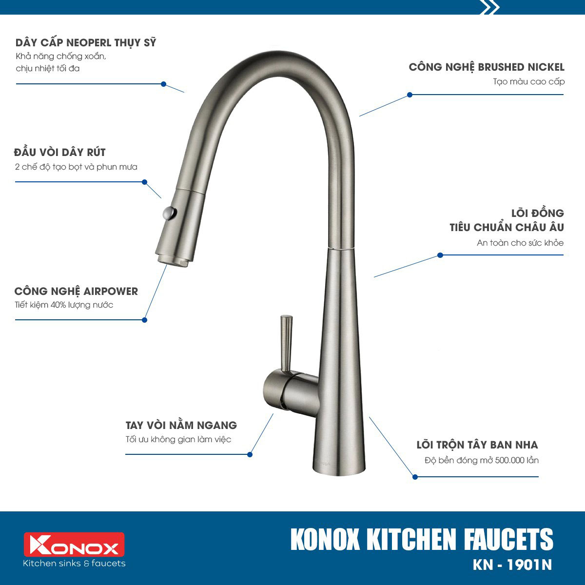 Vòi rửa bát dây rút Konox KN1901N