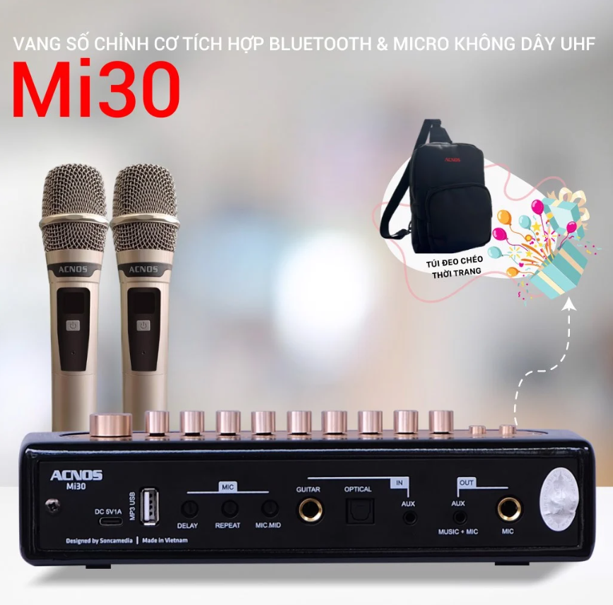 Vang Số Chỉnh Cơ Acnos Mi30S Chính Hãng- Micro Dùng Karaoke Gia Đình ,Ôtô, Loa Bluetooth - Kèm 2 MIRO Không Dây Sóng UHF Cao Cấp.Chống Hú FBX ,3 Chế Độ Vang, Echo, Reverb, Delay, ,Tích Hợp Bluetooth 5.0, USB,AUX, OPTICAL