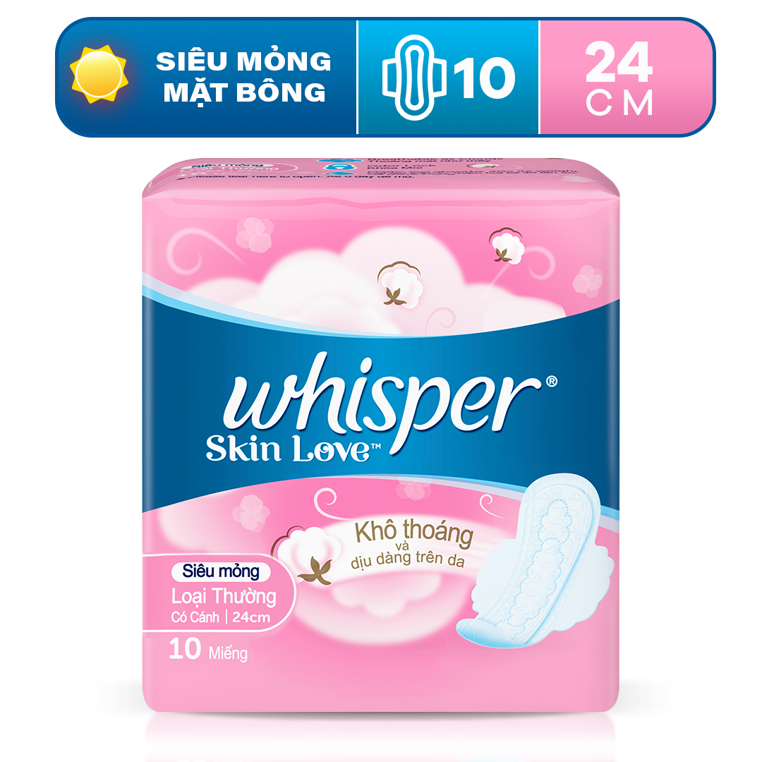 Băng Vệ Sinh WHISPER Skin Love Mặt Bông Siêu Mỏng Cánh Ngày Thường 24cm