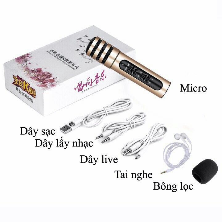 Bộ hát karaoke, live tream trên điện thoại ( Chân đế kẹp mic 3in1 có đèn Led + Micro C7)