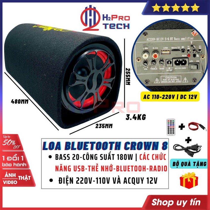 Loa bluetooth Crown 8 Bass 20-180W, Usb-Thẻ Nhớ-Radio Fm, Điện 12V-220V, Loa Bluetooth 12V Cho Ô Tô Nhạc Hay-H2Pro Tech