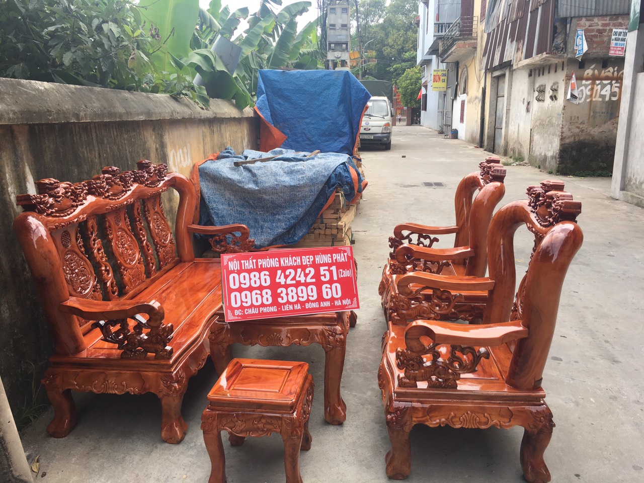 Bộ bàn ghế Nghê 3 Đầu gỗ xà cừ
