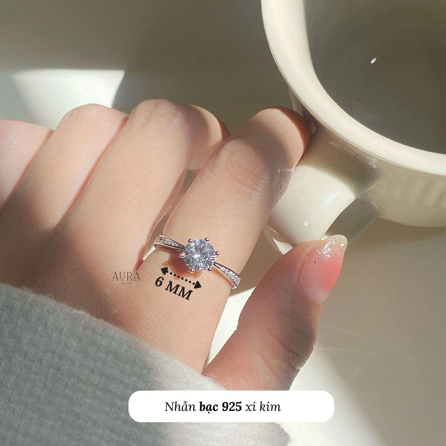 Nhẫn bạc Kira xi vàng trắng-Aura Silver-N55