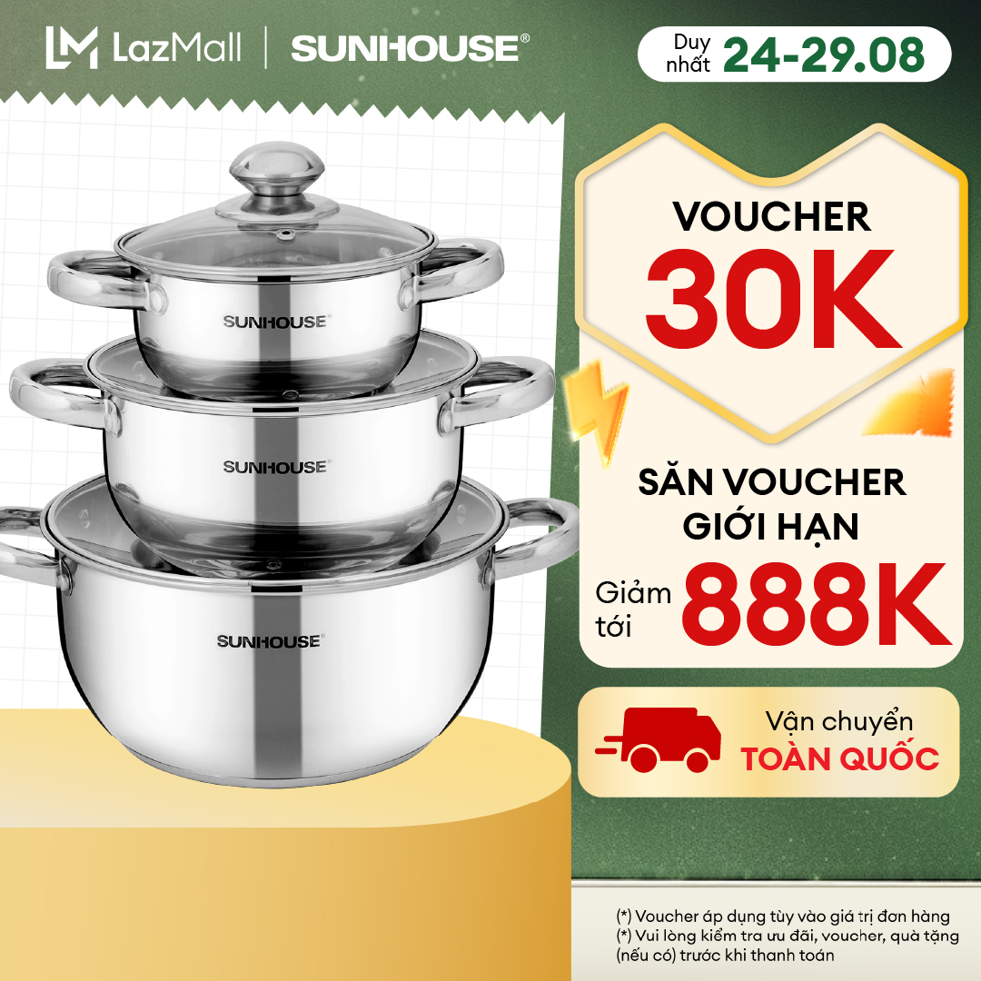 Bộ Nồi Inox 3 Đáy SUNHOUSE SH334 - 16, 20, 24 cm - Cấu tạo đáy 3 lớp truyền nhiệt nhanh - Chất Liệu Inox An Toàn - Phù Hợp Mọi Loại Bếp - Hàng Chính Hãng