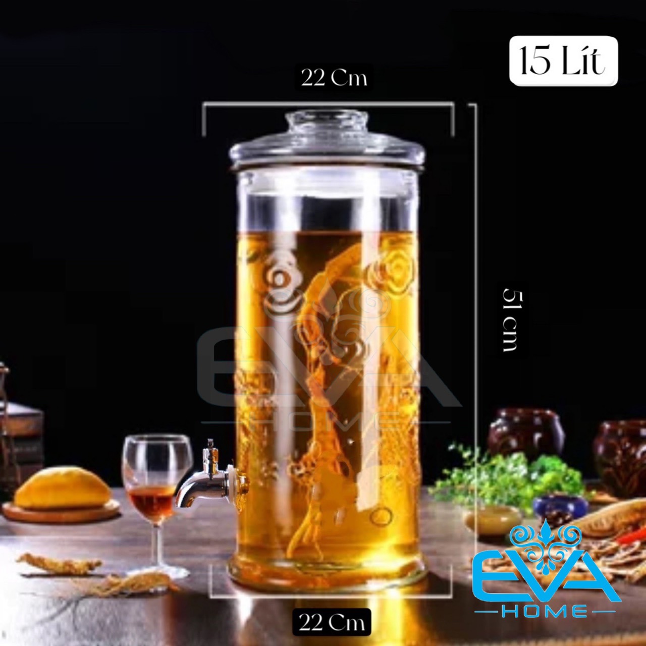 Bình Ngâm Thuỷ Tinh 15 Lít Dáng Trụ Hoa Văn Rồng - TR15L M1095