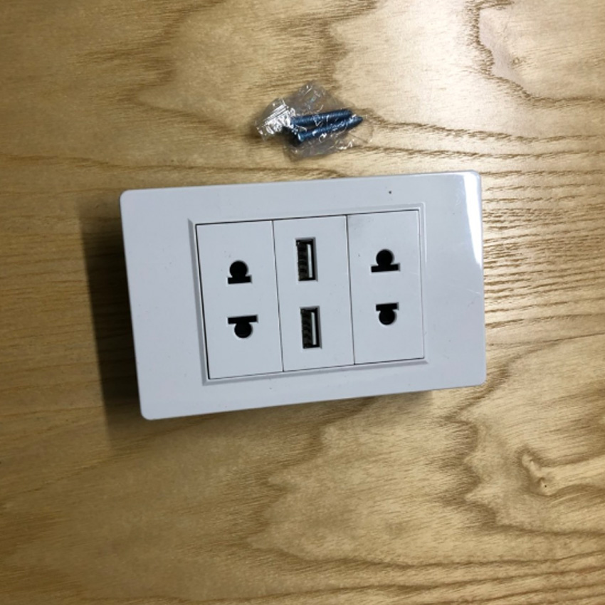 Mặt ổ Cắm Âm Tường 2USB  2A Kèm 2 Ổ Cắm TI0162a