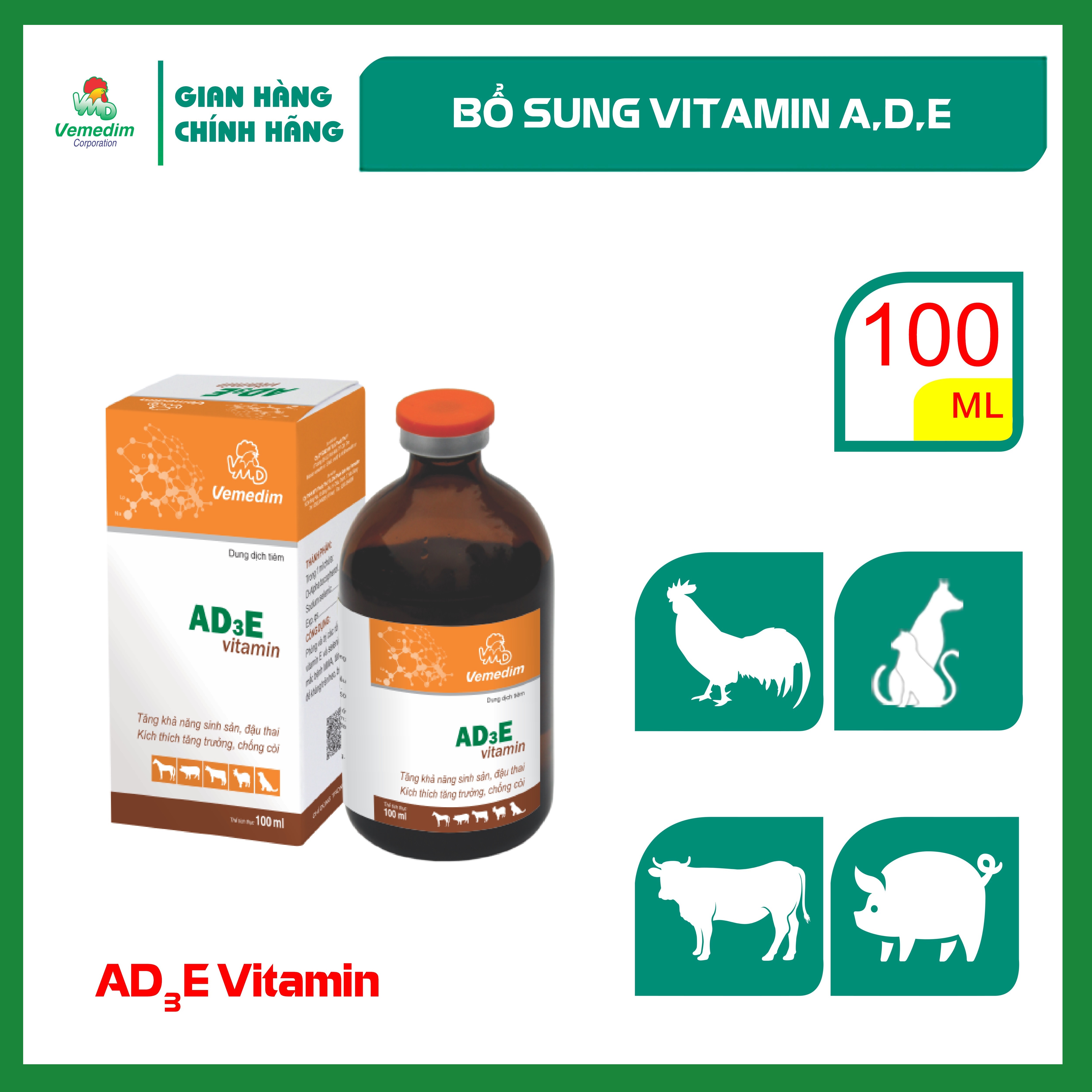 "Hoàn tiền đến 10%" Vemedim AD3E Vitamin thuốc tiêm bổ sung vitamin A,D,E giúp nâng cao năng suất vật nuôi, chai 100ml