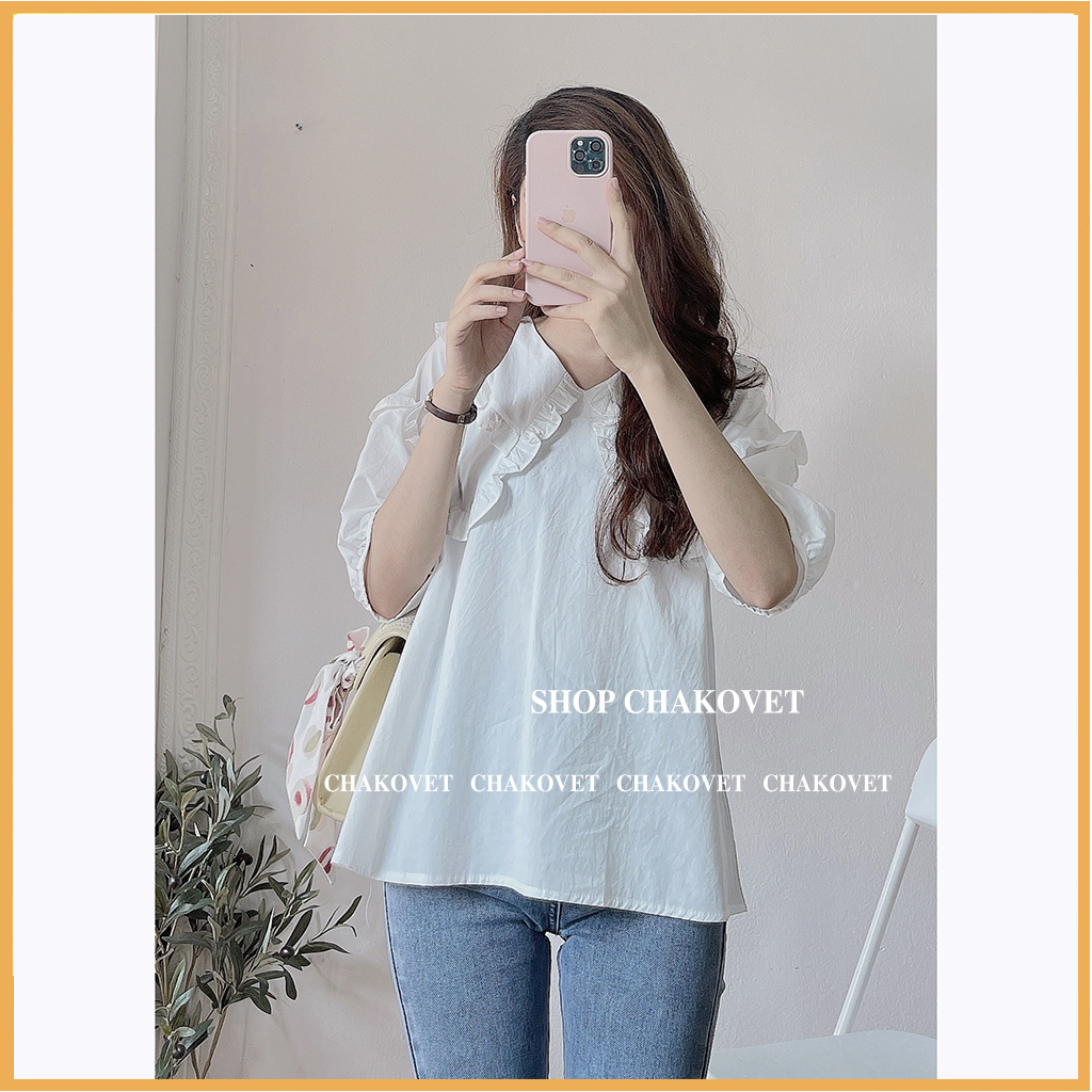 Áo sơ mi tay ngắn form rộng CKA.873, kiểu áo nữ cổ chữ V tay áo bồng retro Pháp thiết kế sang trọng hàng đầu đi làm đi học