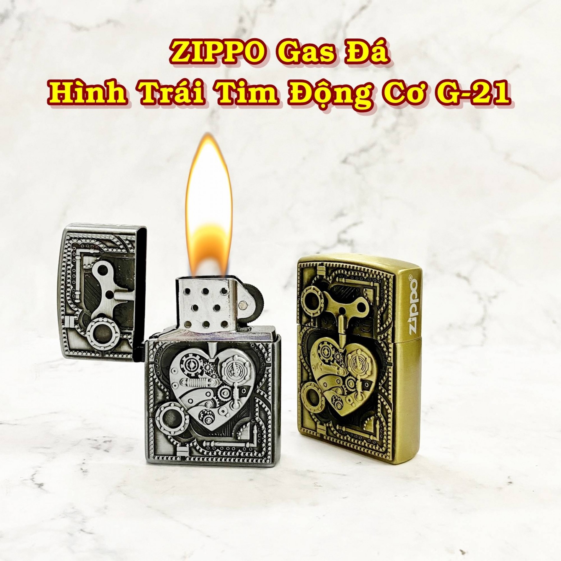 BẬT LỬA ZIPPO GAS ĐÁ HÌNH TRÁI TIM ĐỘNG CƠ G-21