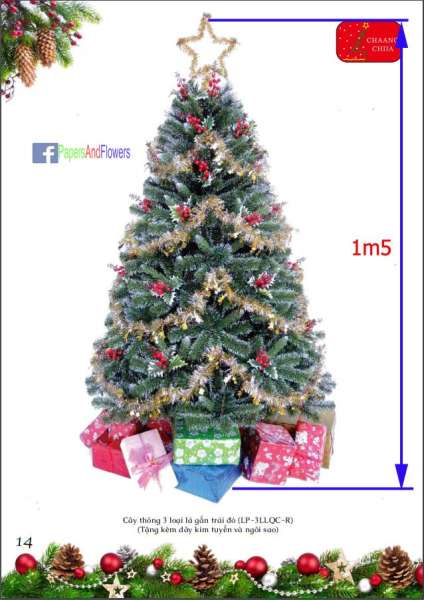 Cây thông NOEL 3 loại lá gắn trái đỏ - 1m5