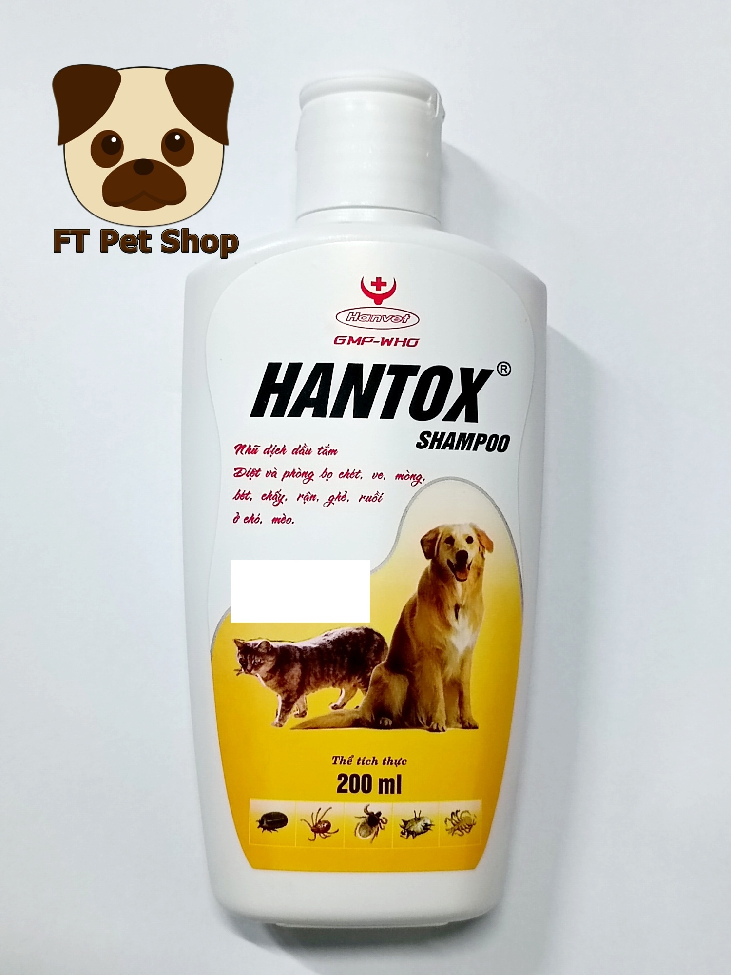 Sản phẩm Hantox Shampoo 200ml Vàng Sữa tắm diệt và phòng bọ chét, ve, mòng