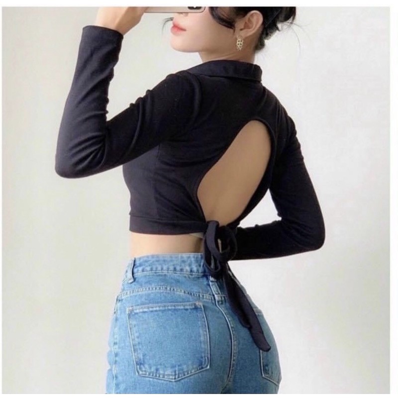 Áo croptop cổ polo tay dài cột dây