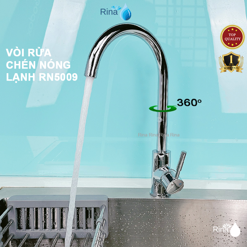Đồng thau cao cấp vòi nước rửa chén bát nóng lạnh đồng thau xi bóng xoay 360 cao cấp rina rn5009 nước mạnh bền bỉ