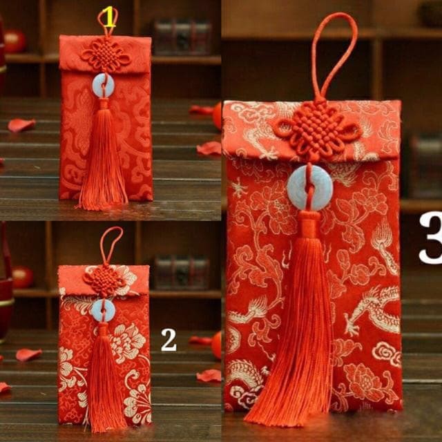 Phong bì đỏ thổ cẩm thêu hoa cưới hỏi, nạp tài - bao lì xì gấm hoa văn cao cấp