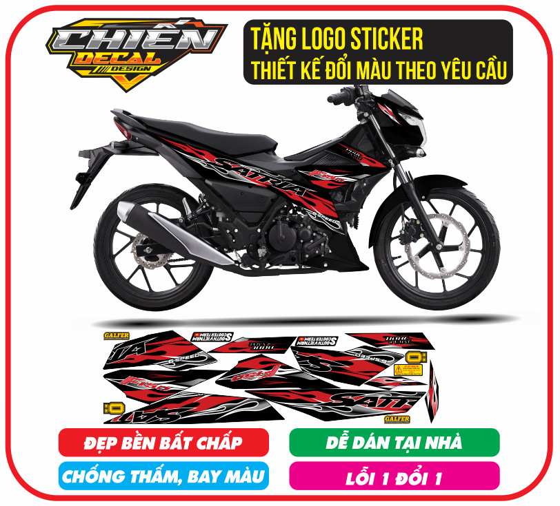 Tem rời xe satria - raider F150 mẫu tem lửa đen đỏ ( tem 3 lớp cao cấp)