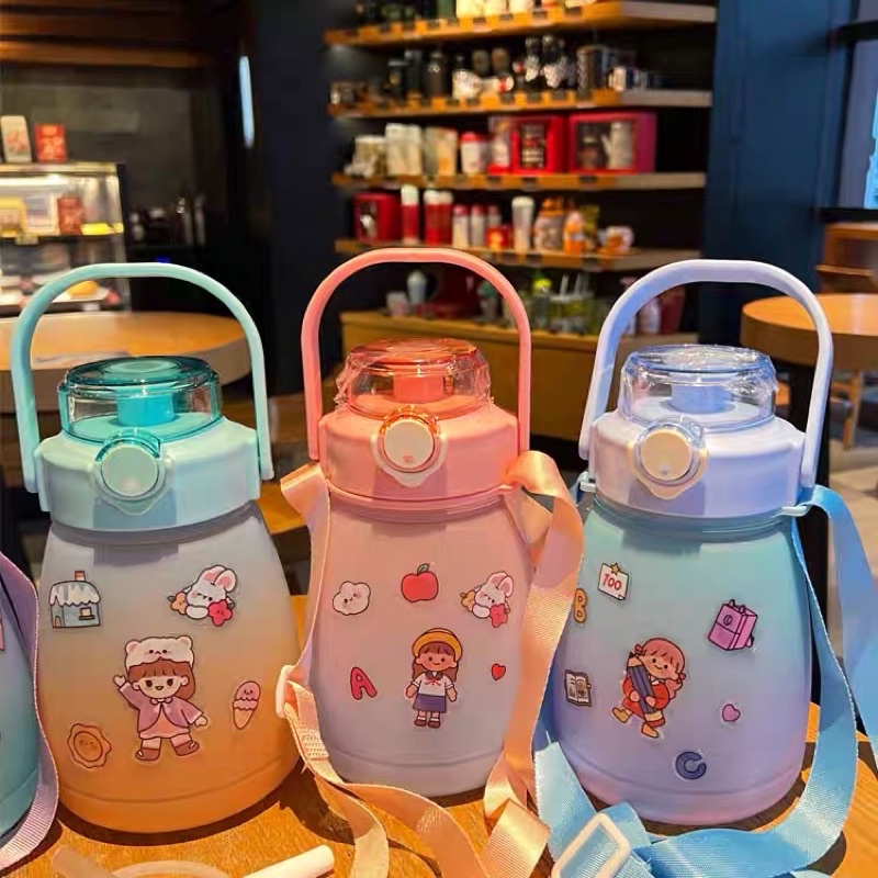 Bình Nhựa 2 Màu 1000ML + Dây Đeo + Ticker