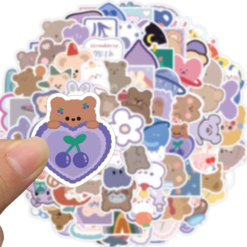 Set 90 sticker hình dán gấu tím dễ thương chống thấm nước
