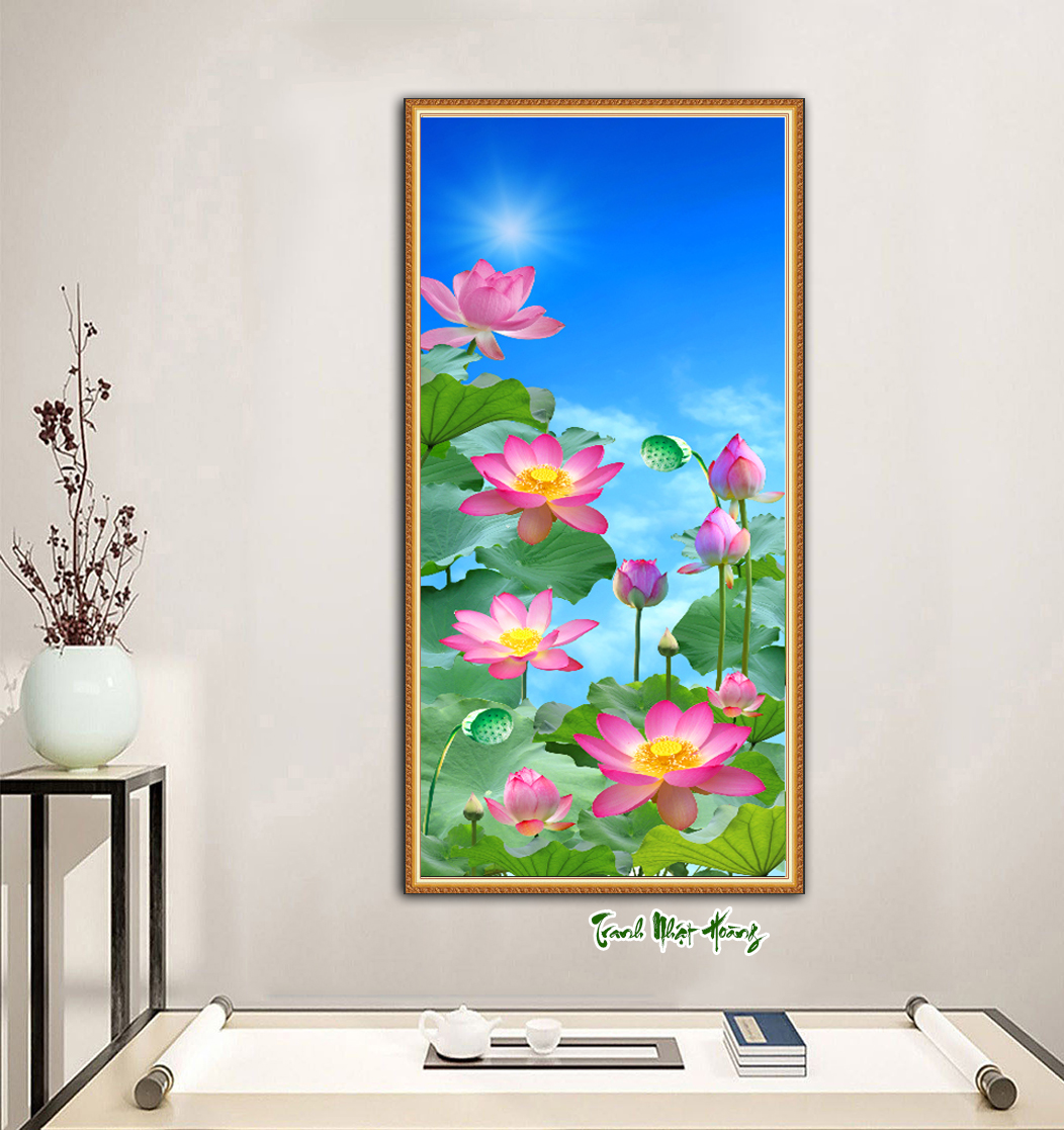 Tranh 3D hoa sen thư pháp dán tường
