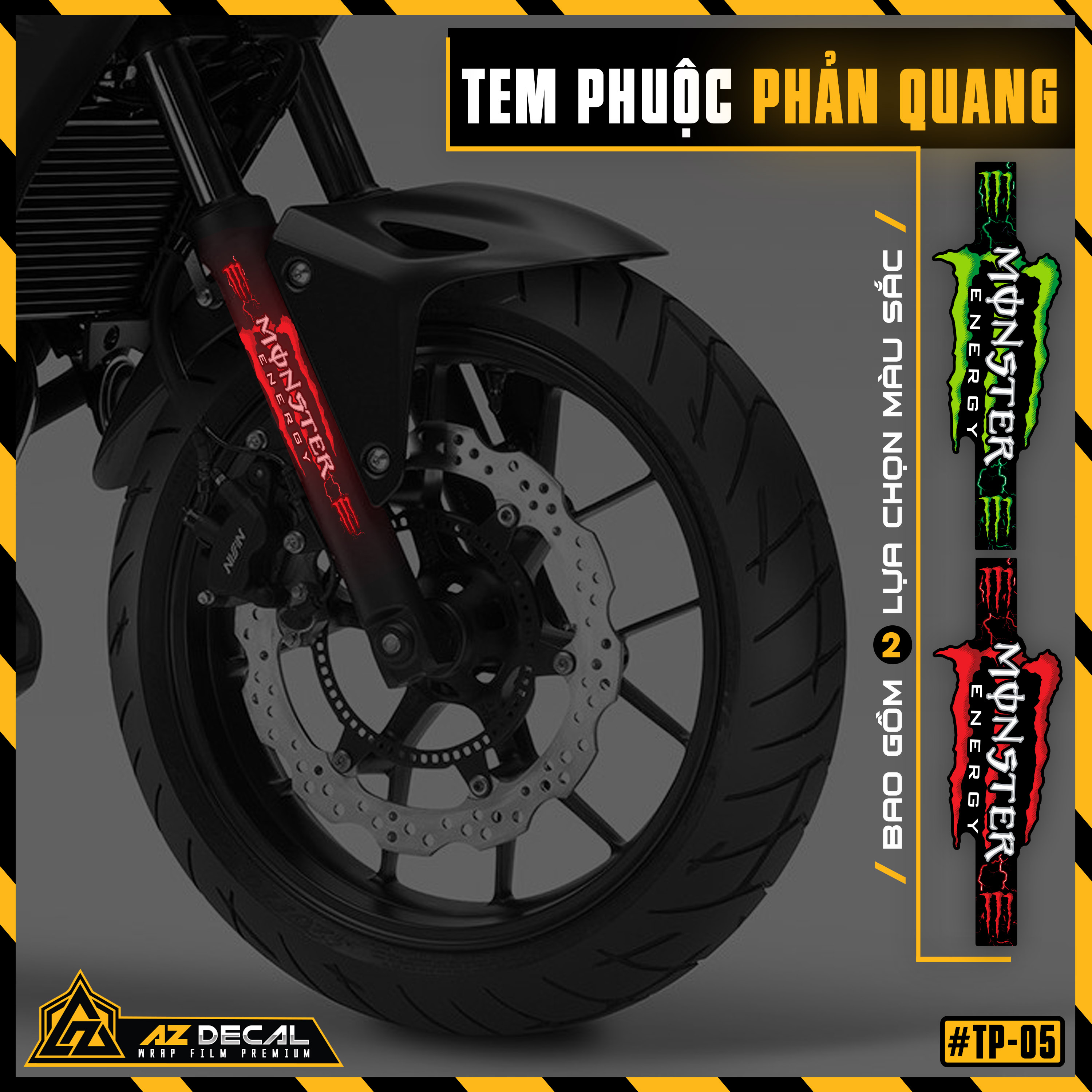 Tem Phuộc Trước Xe Máy, Xe Điện Monster Phản Quang | TP05 | Chống Nước, Chống Phai Màu, Dễ Dán - Azdecal