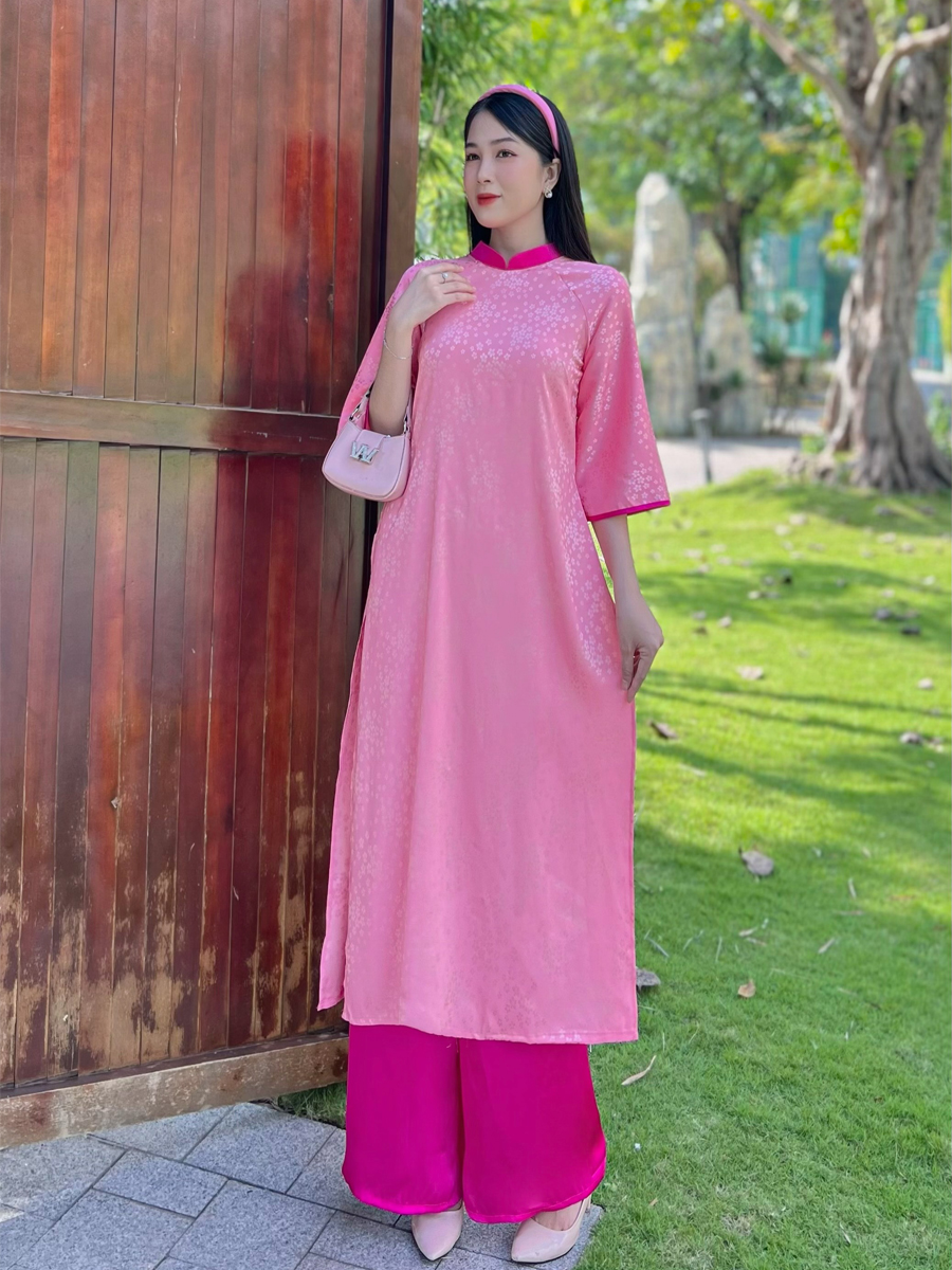 Áo dài gấm phối cổ from rộng xinh lung linh AD075- Khánh Linh Style Lady Fashion