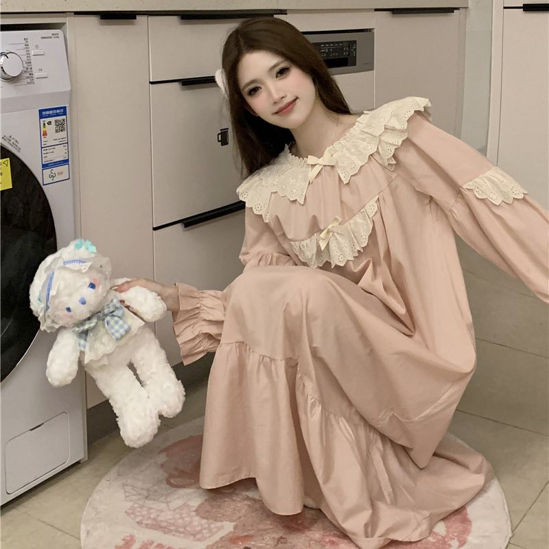 Váy mặc nhà nữ hồng phấn phối ren quảng châu