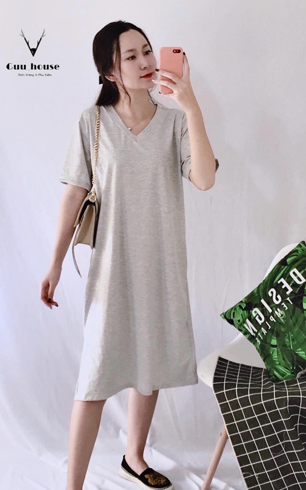 Đầm suông nữ - váy suông cổ tim basic form vải cotton mềm mịn thoáng mát