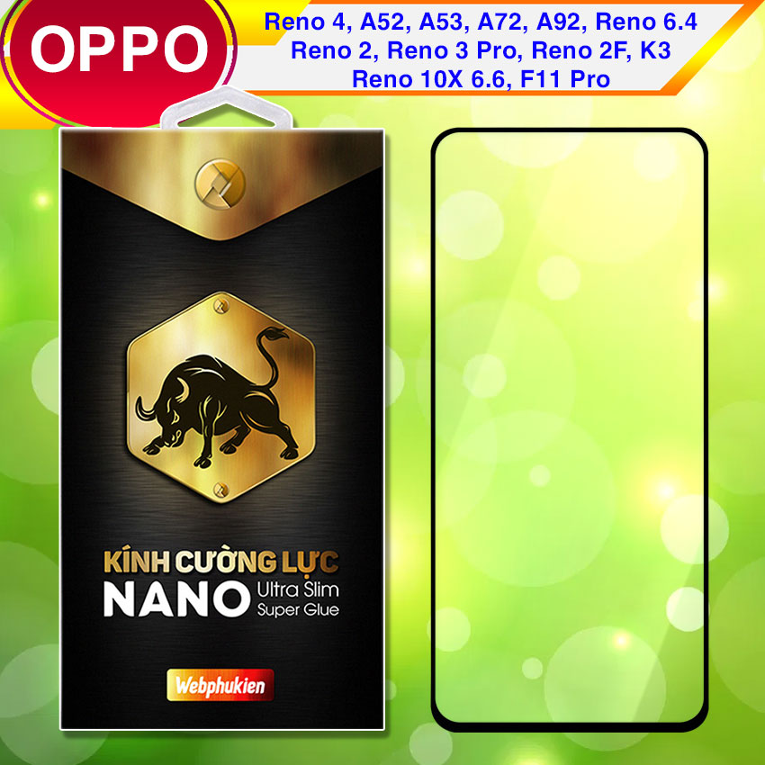 Kính cường lực cho Oppo Reno 4, A52, A53, A72, A92, Reno 6.4, Reno 2, Reno 3 Pro, Reno 2F, K3, Reno 10X 6.6, F11 Pro Full màn hình hiệu Webphukien (Đen)