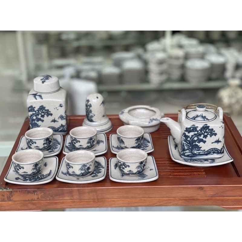 Bộ ấm trà, men rạn cổ vẽ tay Bát tràng cao cấp