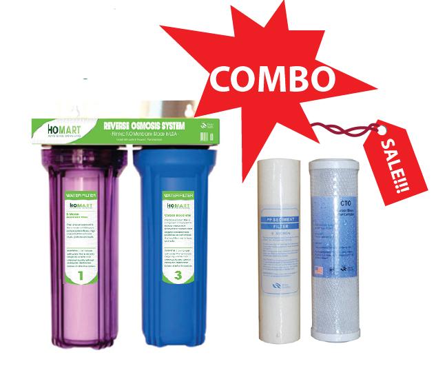 COMBO Bộ lọc nước sinh hoạt, bộ lọc thô 2 cấp 20C3 + Bộ 2 lõi lọc PP và CTO 10 inch