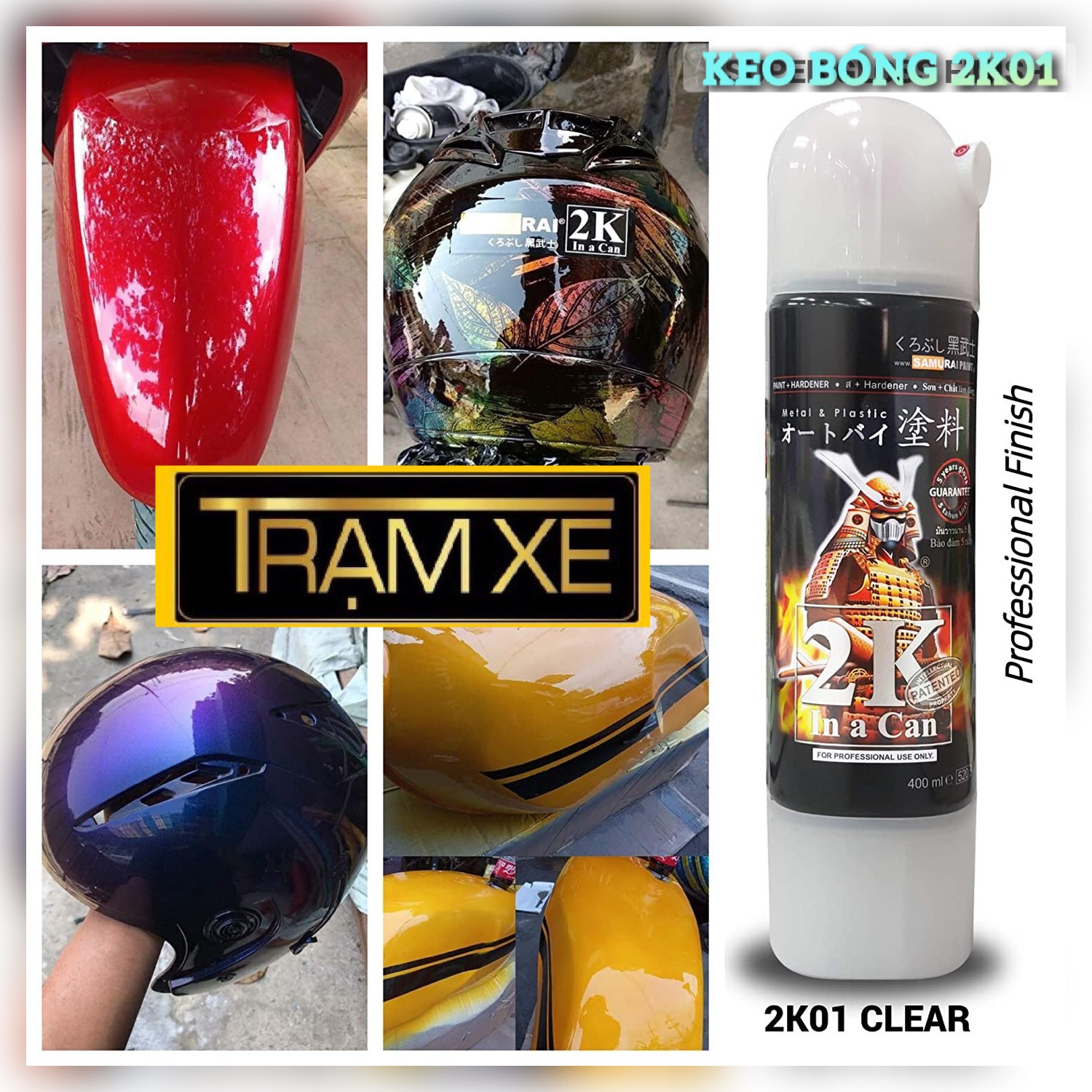 Chai sơn Samurai phủ keo bóng 2K01 độ bền màu trên 5 năm dành cho mọi dòng xe, dễ dàng mang sử dụng và mang theo