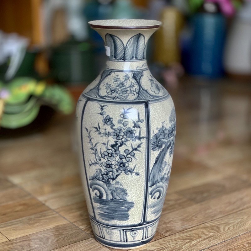 Lọ hoa, Bình bông thờ cúng men rạn vẽ tứ cảnh( Tùng cúc trúc mai) H43- gốm Bát Tràng
