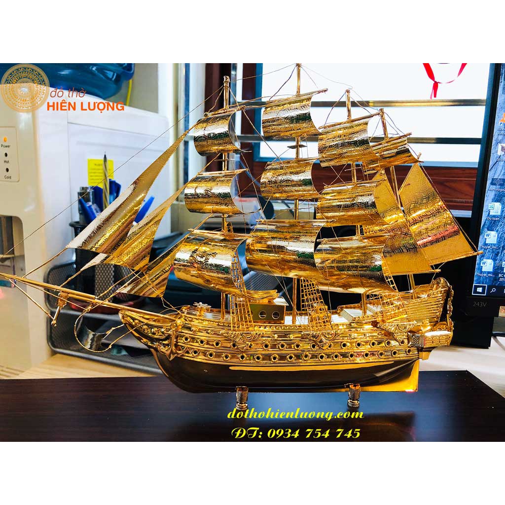 Giant gold plated sailboat model, frame size: 51x18x34cm