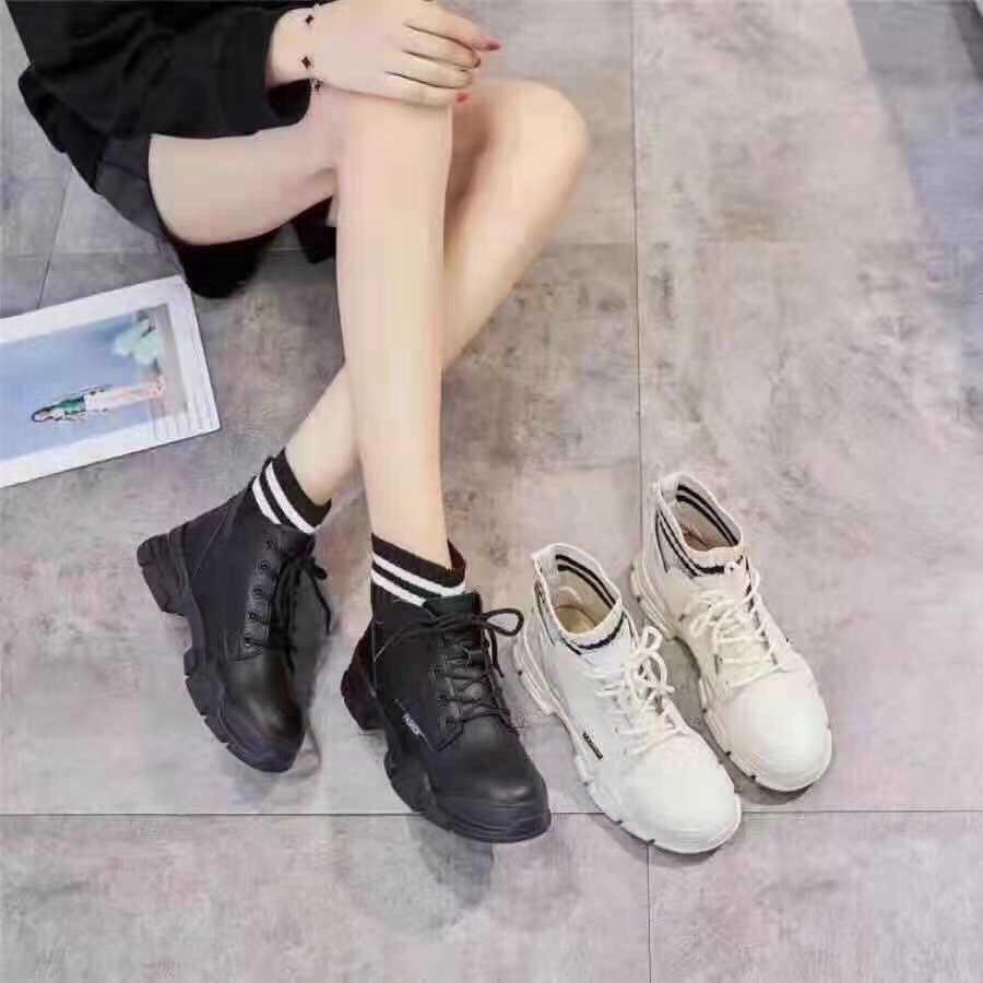 (HÀNG CÓ SẴN) BỐT BOOT NỮ BOOT DA PHỐI LEN KẺ NGANG CÁ TÍNH
