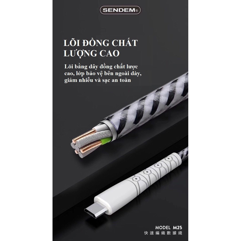 [SẠC NHANH] Cáp Dù Sac  Nhanh Sendem M25, Chân Lightning , Micro Usb,Dây Dù Chống Đứt