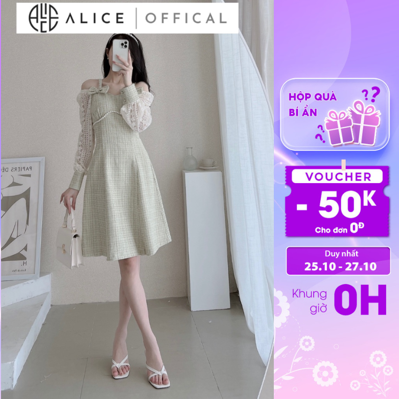 Váy Tiểu Thư Đầm Dự Tiệc Phối Tay Ren Eo Đính Ngọc Trai ALICE Dáng Xòe