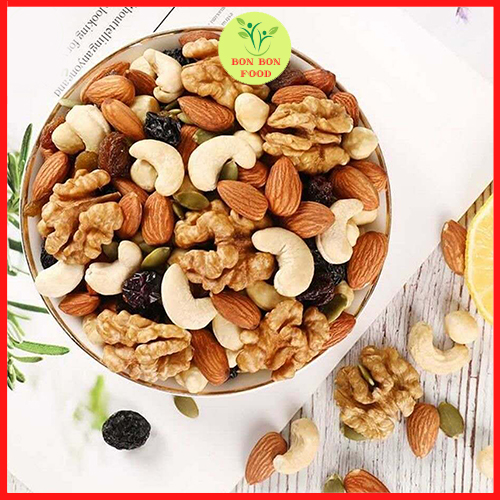 Hạt mix sấy chín (5 loại hạt: óc chó + hạnh nhân + macca + hạt điều + bí) 500gr